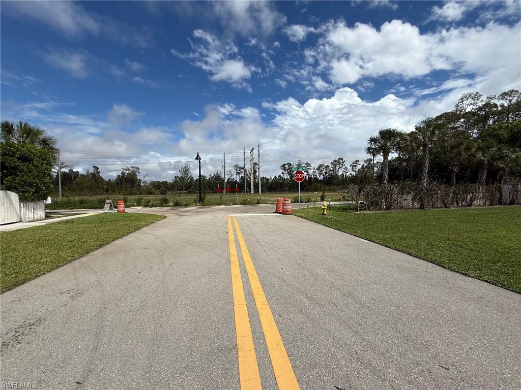 Paved roadway with double yellow lines, bordered by green grass and natural landscaping