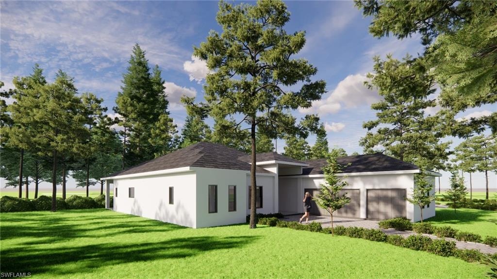 Contemporary single-story residence featuring a white stucco exterior and dark shingle roofing