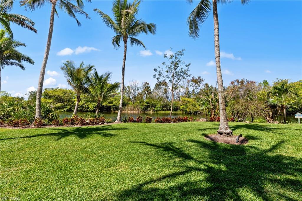This property features a well-maintained lawn with mature palm trees