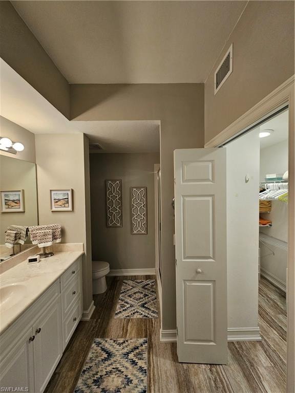 Full bathroom with vanity, wood finished floors, and a shower
