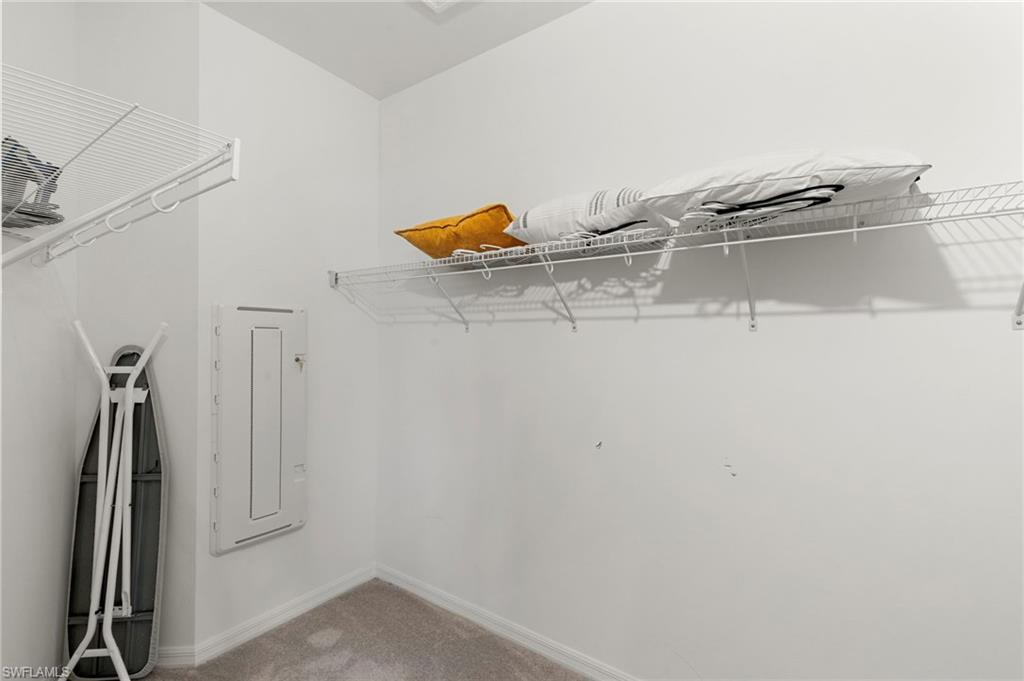 Walk-in closet featuring wire shelving, wall-mounted electrical panel, and carpet flooring