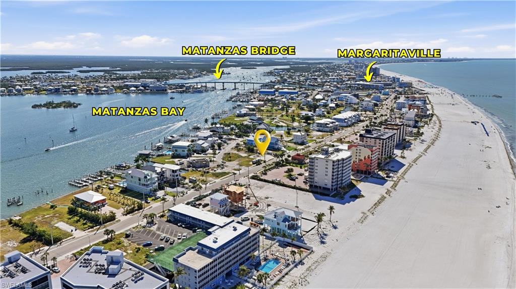 Aerial perspective showcasing beachfront properties, Matanzas Bay, and the Matanzas Bridge - Virtually Edited Image