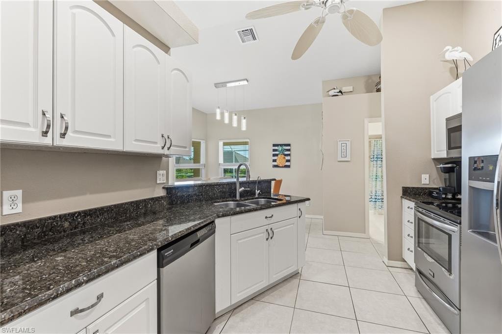 Granite counter-tops, ss appliances, white raised cabinets.