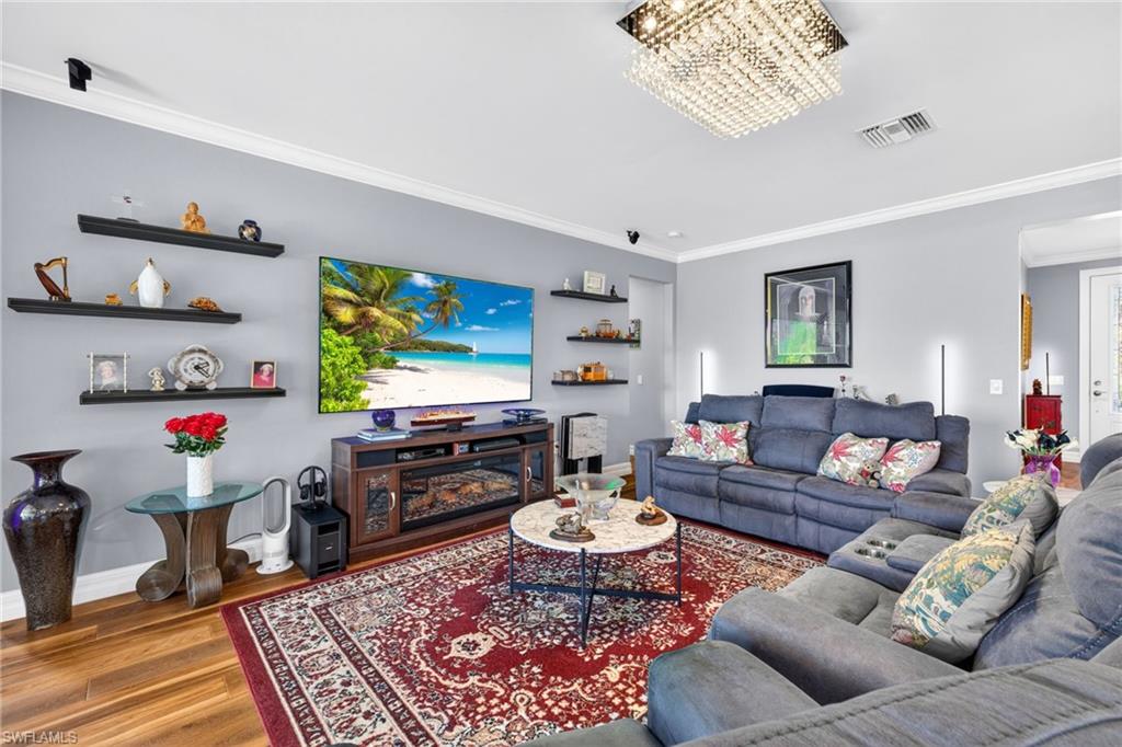 Crystal Chandelier & Open Shelving