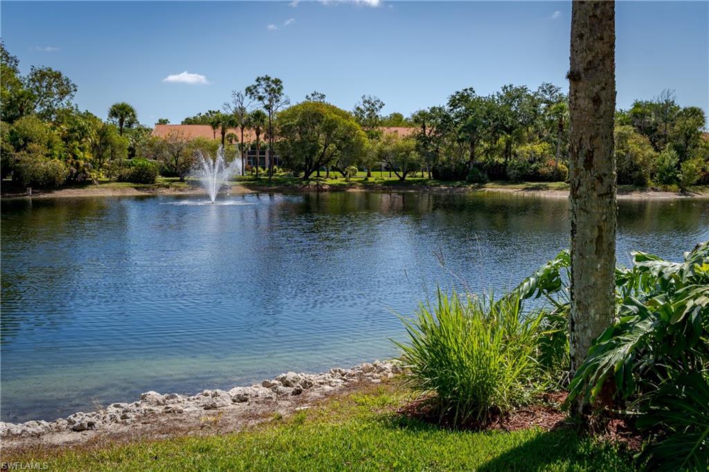 Tranquil waterfront setting with a fountain feature