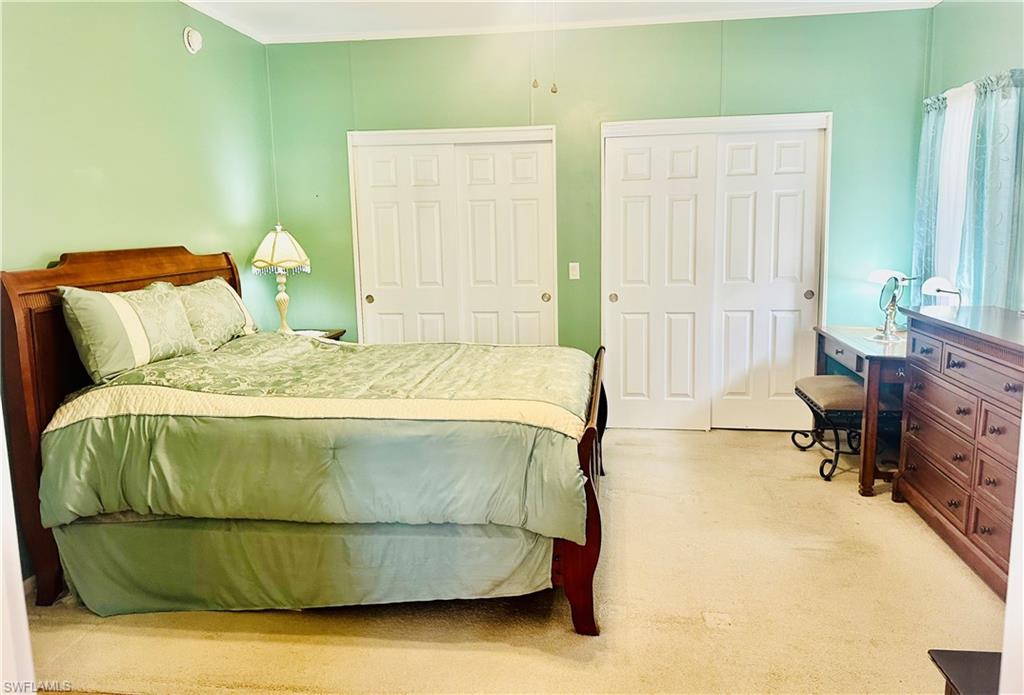 Carpeted room featuring a light green wall finish, white bi-fold closet doors with panel detailing, and a white ceiling
