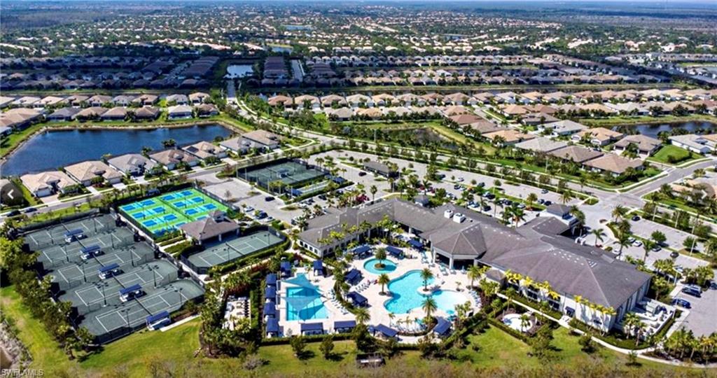 Aerial perspective showcasing the community clubhouse and amenities