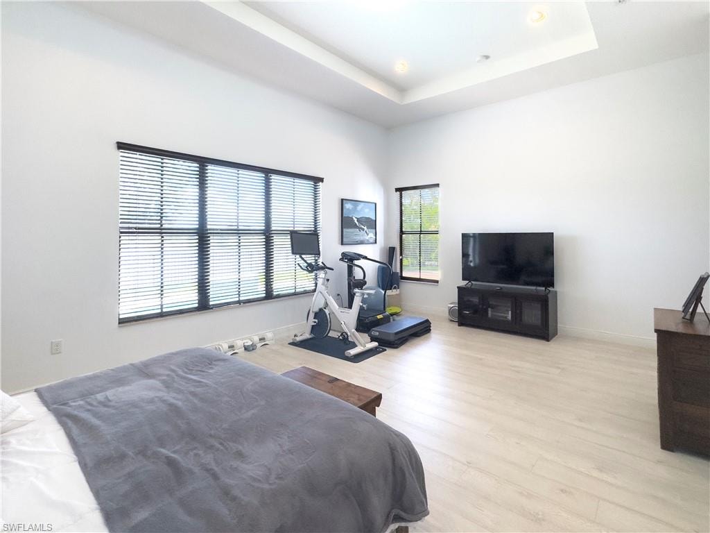 Bedroom with light wood finished floors and a raised ceiling