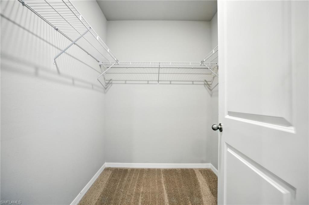 Walk-in closet featuring light gray walls, white wire shelving, a white paneled door, a silver-toned doorknob, and neutral-toned carpeting