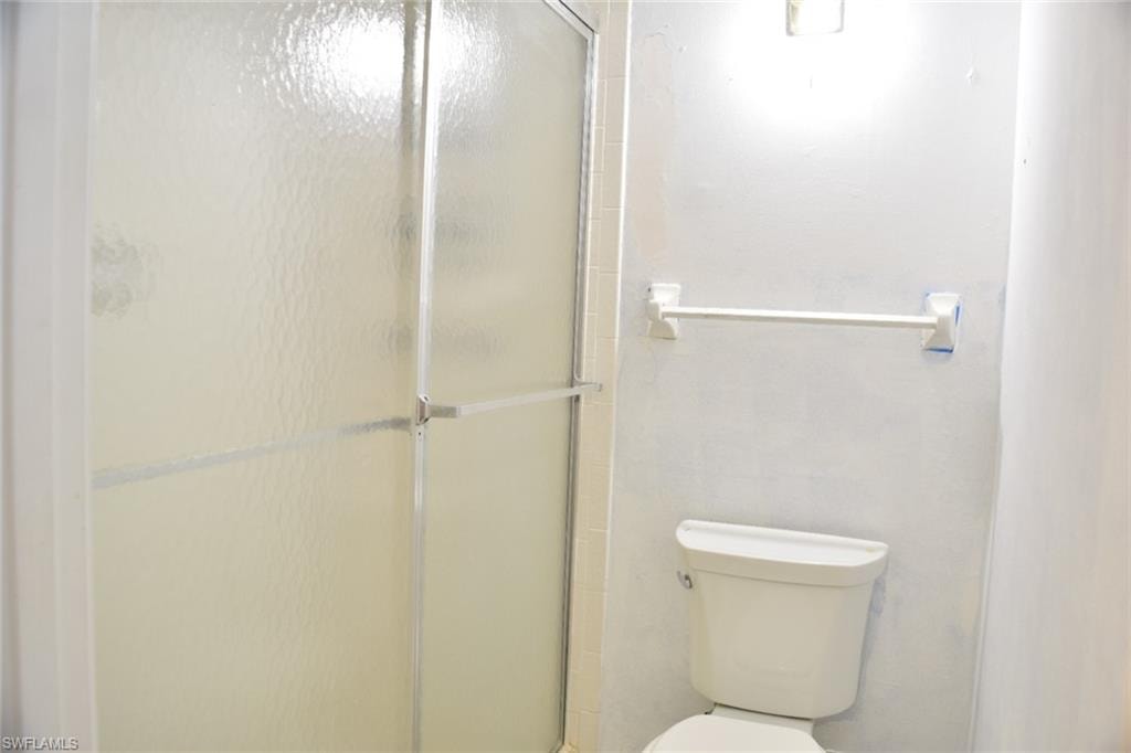 Bathroom featuring a shower with textured glass enclosure and white ceramic commode