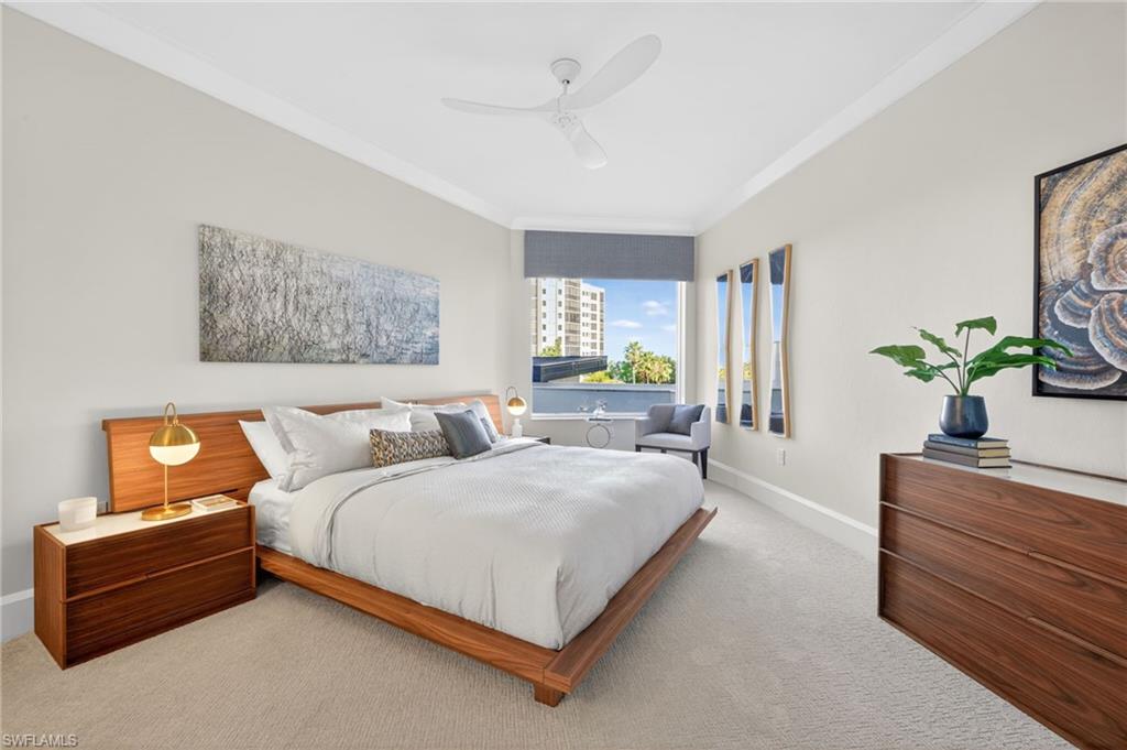 Bedroom 3 features light carpeting , coastal contemporary decor , large window for natural lighting