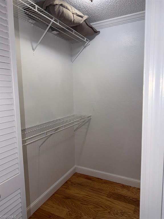 Walk-in closet featuring wood-finish flooring, white wire shelving, white walls, and crown molding