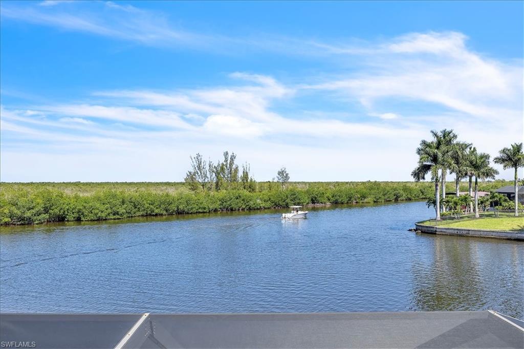 Canal frontage featuring mature palm trees and lush greenery