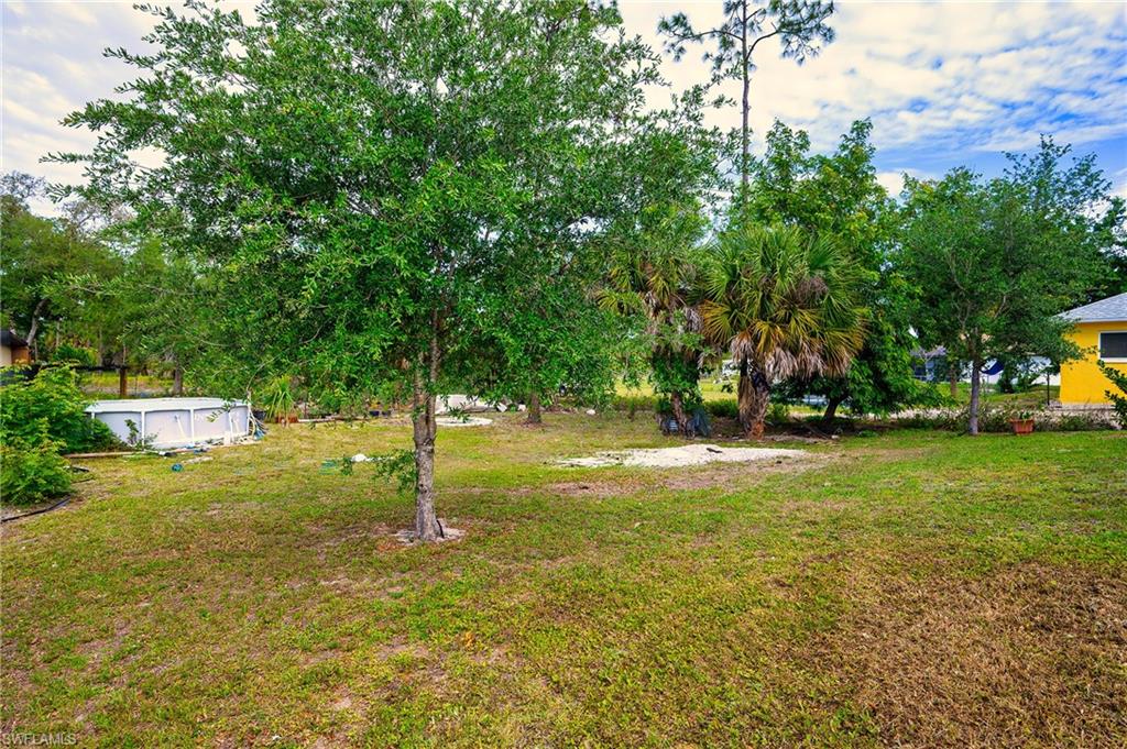 Expansive grassy yard featuring mature trees and established landscaping