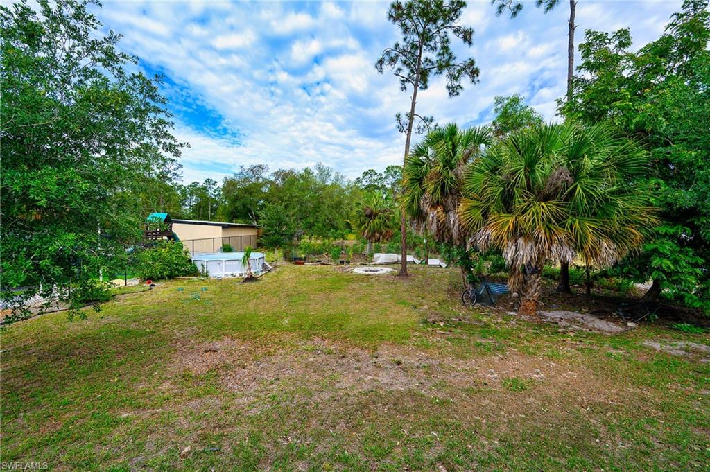 Expansive grassy yard with varied mature trees and an above-ground pool