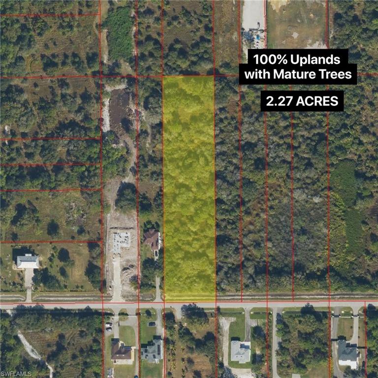 Aerial Property Map. Displaying a highlighted parcel of 2.27 acres with uplands and established tree cover