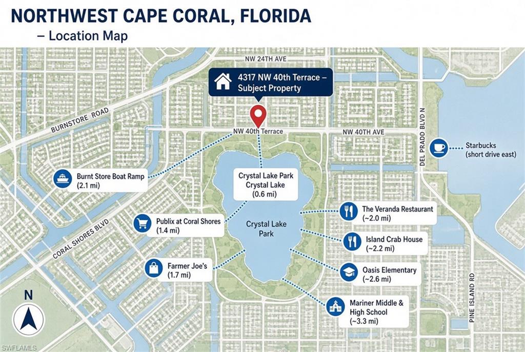 Location Map. Illustrating the property's position within Northwest Cape Coral, Florida, and identifying surrounding landmarks and their distances