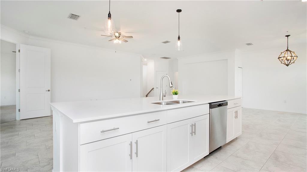 Modern kitchen island with integrated sink and stainless steel dishwasher