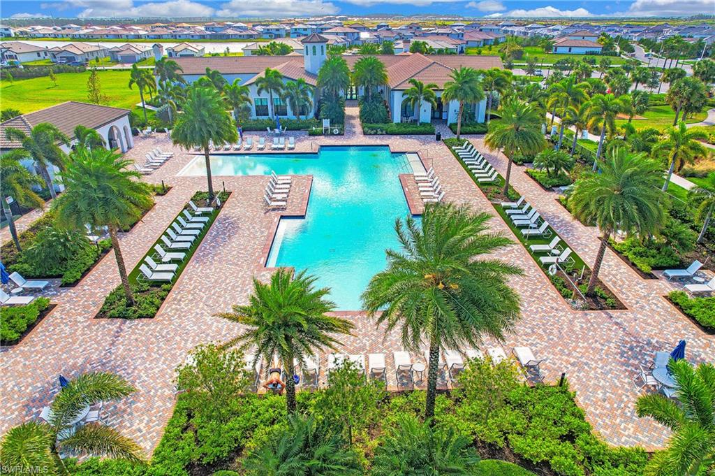 Resort-style pool area featuring a large swimming pool, extensive paver decking, numerous lounge chairs, mature palm trees, and lush landscaping
