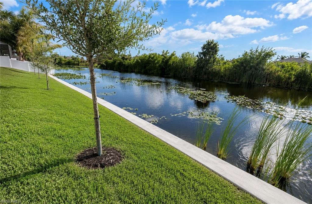 Waterfront property featuring a concrete retaining wall, manicured lawn, and mature trees