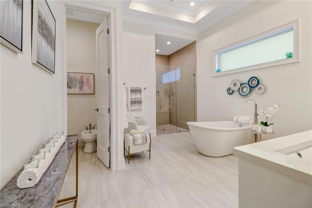 Bathroom featuring separate shower and tub, crown molding, sink, and a bidet
