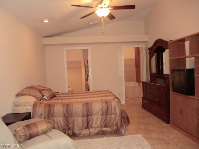 Vaulted ceiling featuring a ceiling fan with integrated lighting