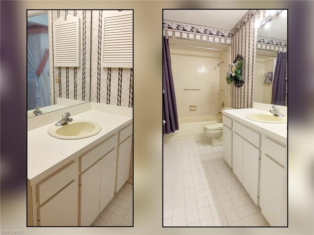 Full bath featuring shower / bath combination with curtain, light tile patterned flooring, and two vanities