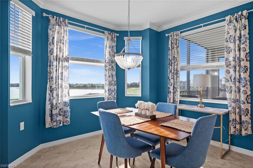 Dining area featuring multiple windows with horizontal blinds and drapery