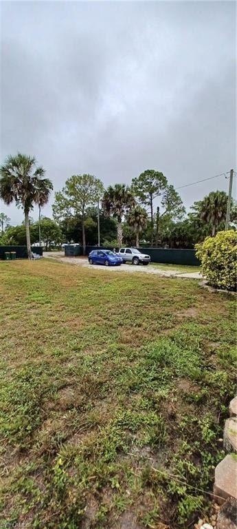 Front Expansive property featuring a gravel parking area, mature palm trees, diverse evergreen trees, and a low green fence