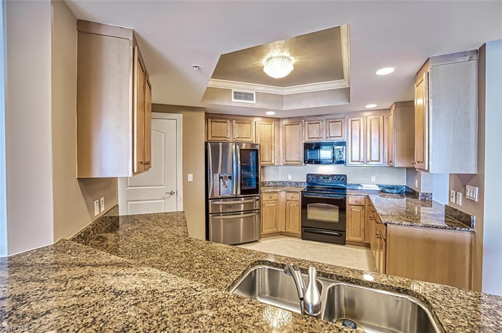 Kitchen with a tray ceiling, dark stone countertops, sink, and black appliances
