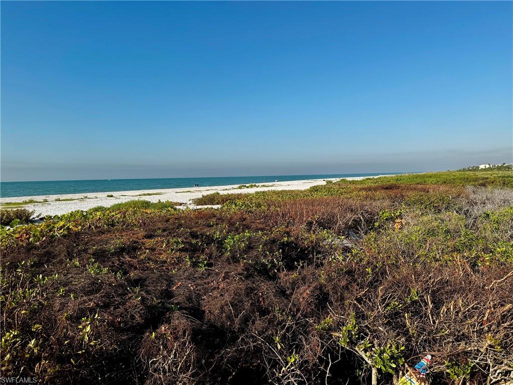 Expansive coastal landscape featuring natural vegetation, white sand beach, and clear ocean waters under a vast blue sky