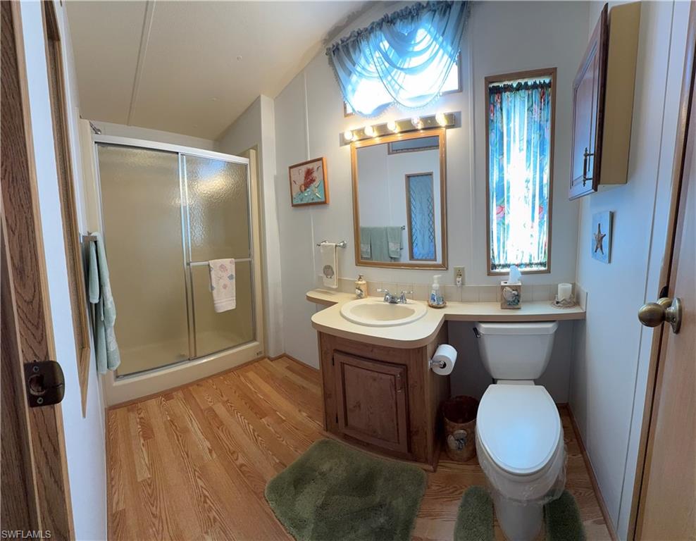 Bathroom with wood-look flooring, natural light, a glass-enclosed shower, a vanity with an integrated sink and linen closet