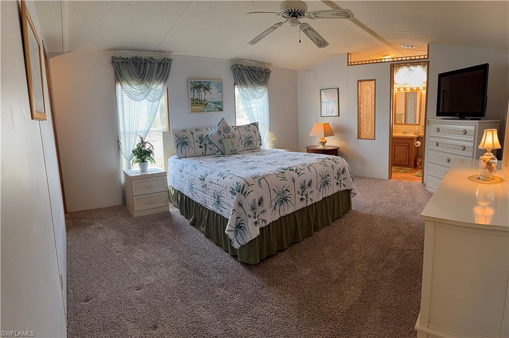 Spacious carpeted room featuring a ceiling fan with light fixture, multiple windows with sheer curtains, and a opens to en suite bathroom and XL walk in closet.