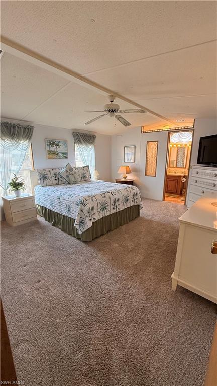 Carpeted primary retreat featuring a ceiling fan on vaulted ceiling, multiple windows with valances & blinds.