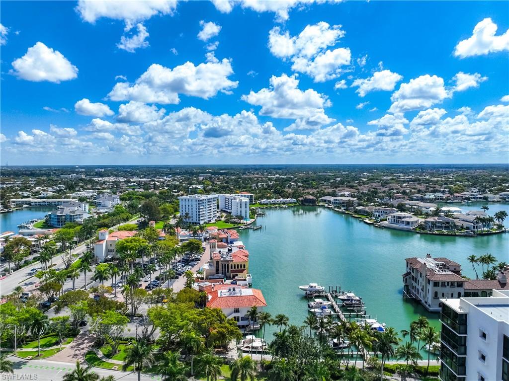 Elevated waterfront panorama featuring expansive waterways and multiple marinas