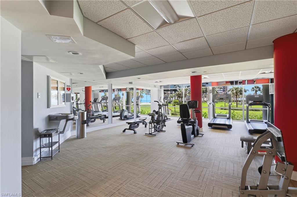 Fitness center with broad windows, carpet flooring, mirrored wall, and recessed and fluorescent ceiling lighting
