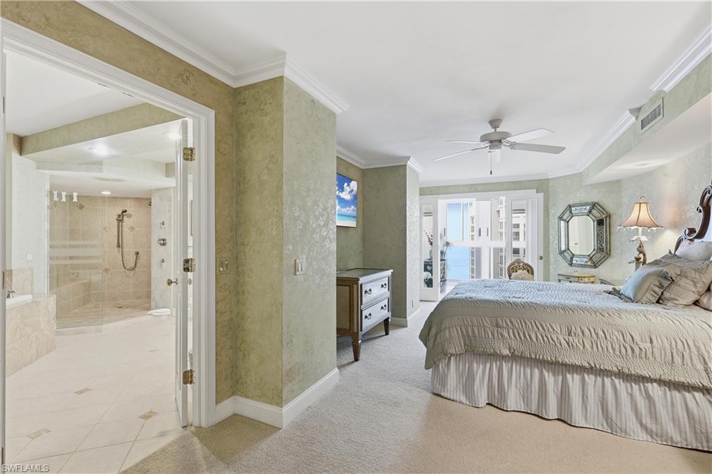 Carpeted bedroom featuring crown molding, a ceiling fan, and access to a private balcony