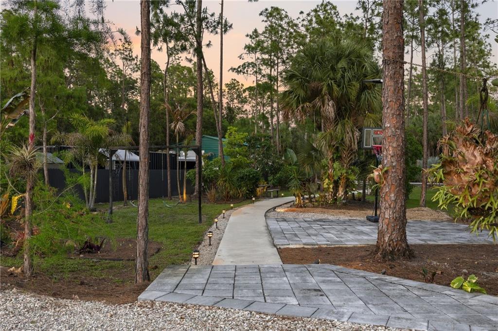 Landscaped exterior featuring a curving concrete pathway, paver patio, tall mature trees, and landscape lighting