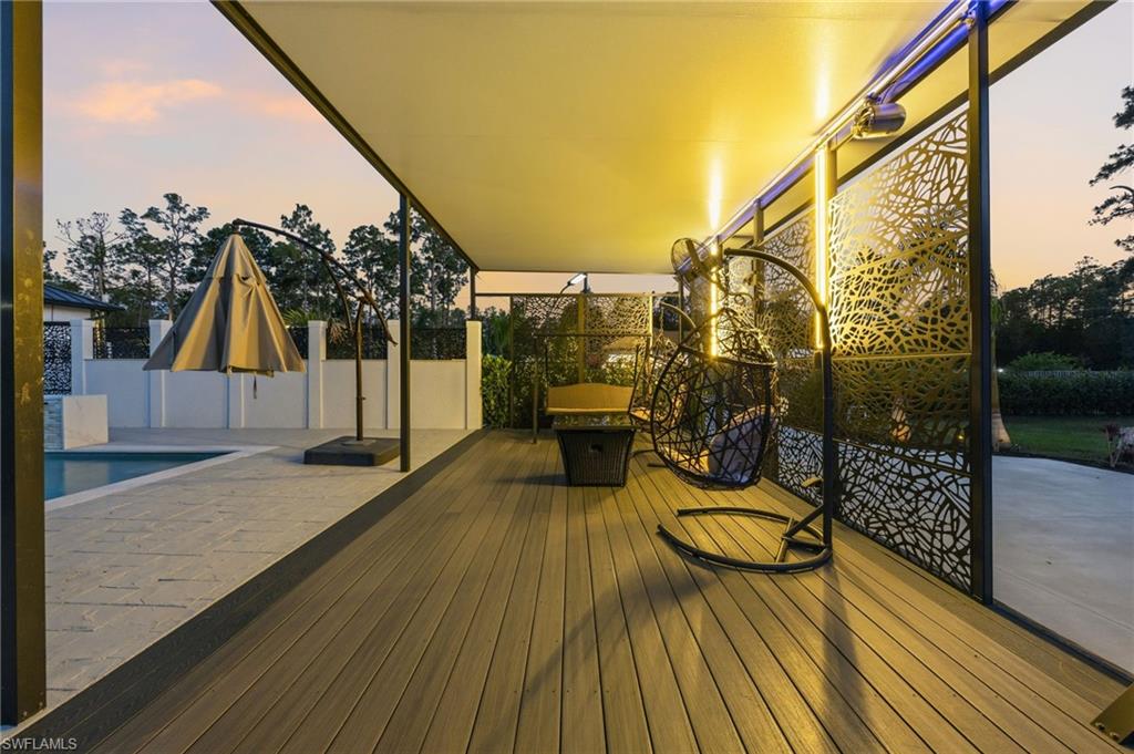 Covered outdoor patio with wood-finish decking
