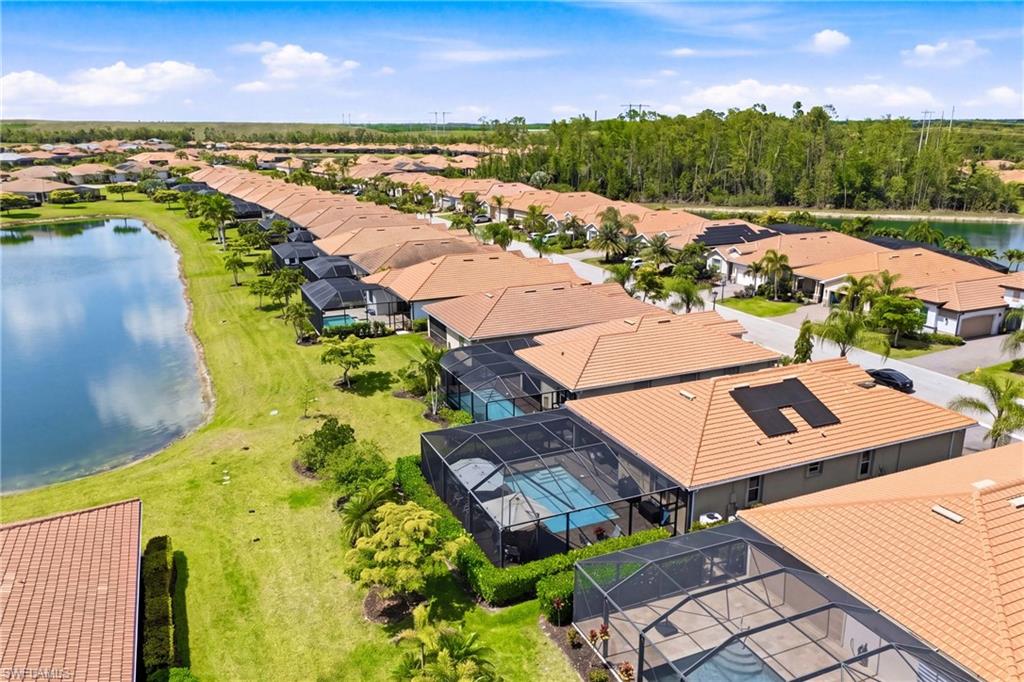 Aerial view of the backyard showcasing the private pool, screened lanai, and peaceful lake views in Pelican Preserve.