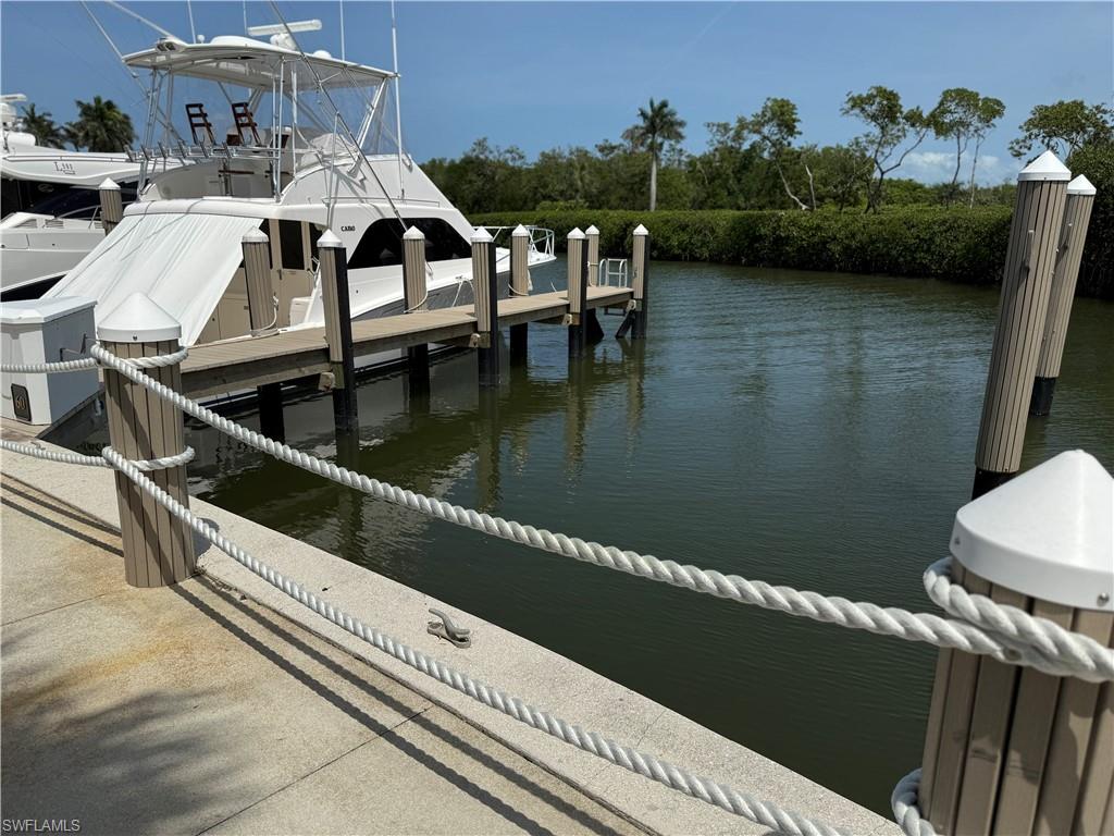 Waterfront property featuring a private dock, composite pilings, and a concrete pathway with rope railing