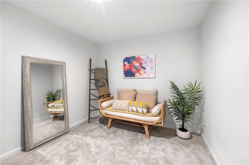 Carpeted room with light neutral walls, featuring a full-length mirror with a textured frame