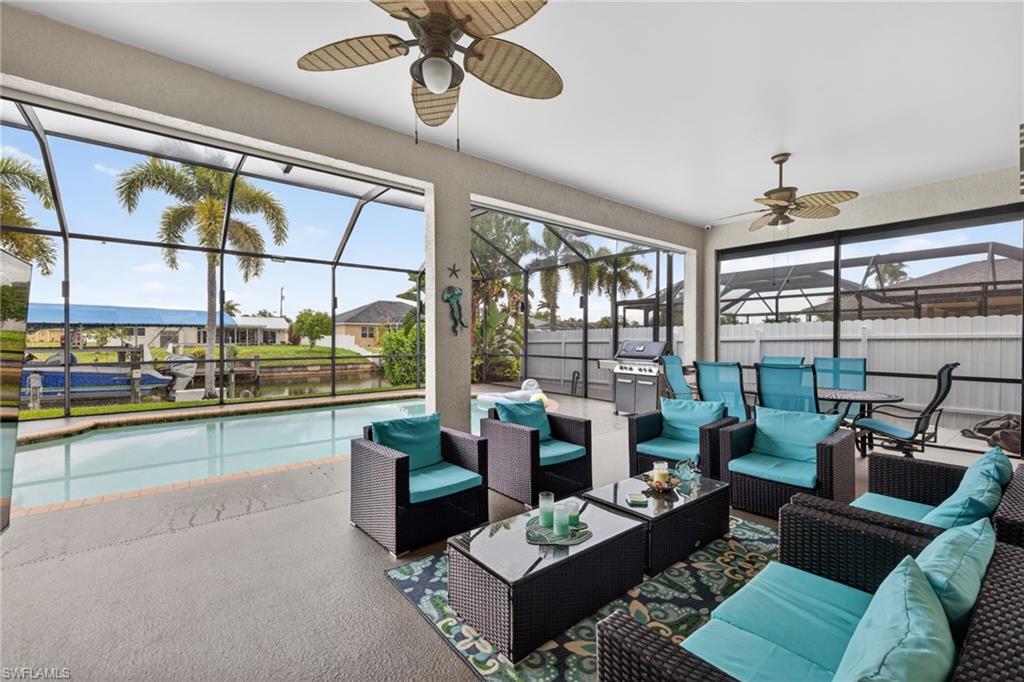Great seating area of lanai. Storm smart screen protects this area easy remote control