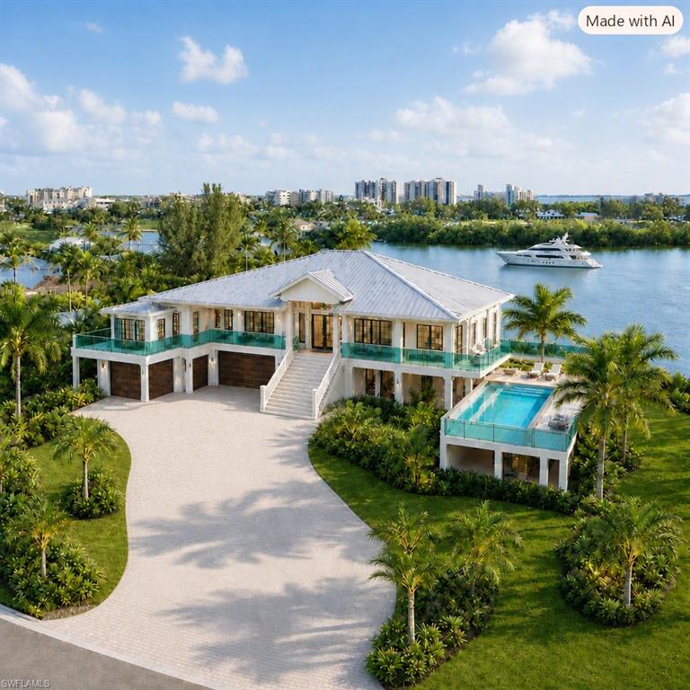 AI GENERATED IMAGE on actual photo of lot, showing large side yard and parking for RVs or boats, w/golfcart garage.