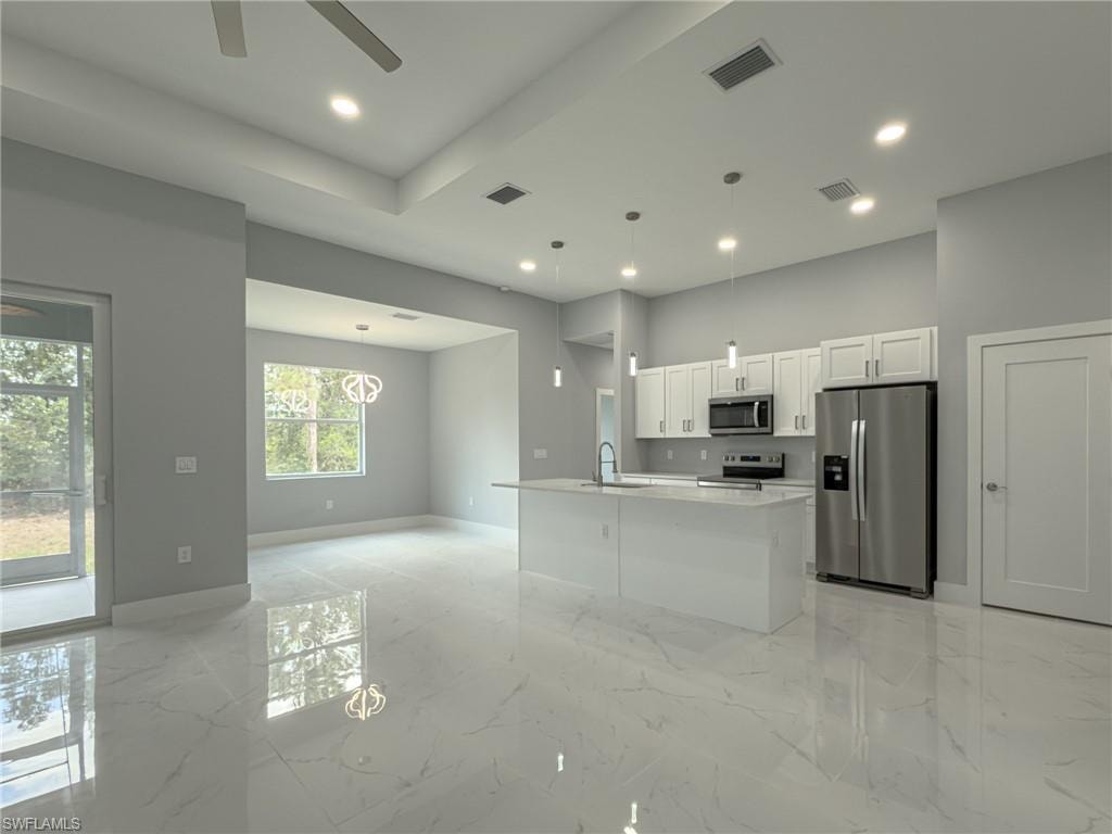 Kitchen featuring ceiling fan, baseboards, stainless steel appliances, and visible vents