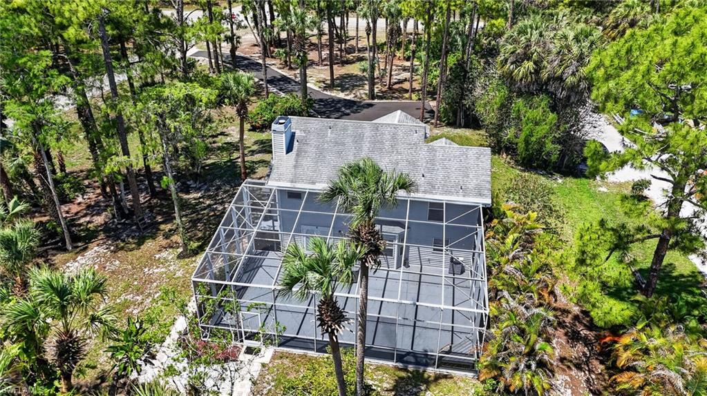 Screened enclosure with paved patio, surrounded by mature trees and natural landscaping