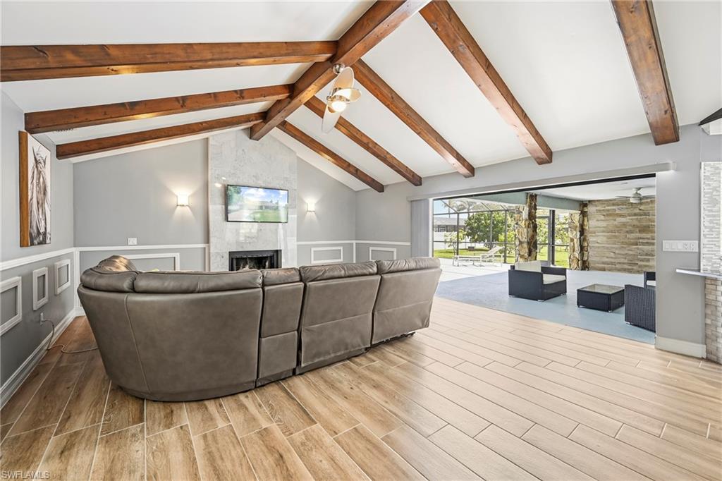 Vaulted ceiling with exposed wood beams