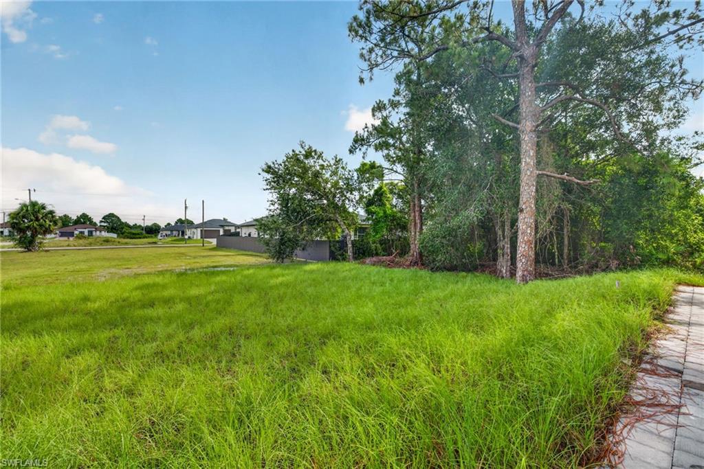 Expansive grass lot featuring mature trees at the property line and partial paver pathway