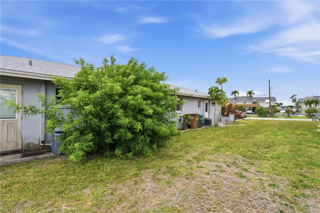 Expansive grassy area featuring a lush green shrub and a light gray exterior wall