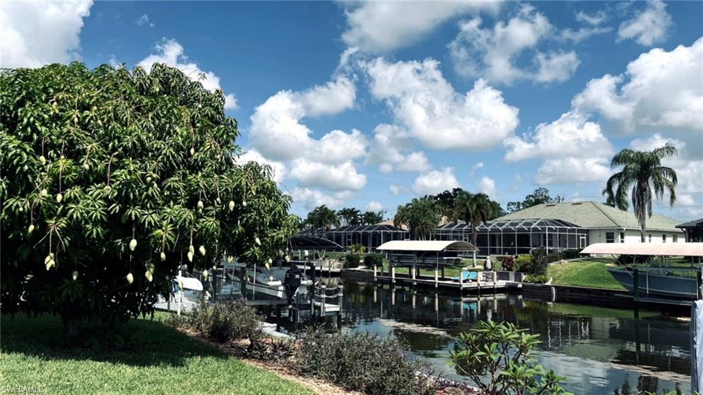 Waterfront property featuring multiple boat docks with covered lifts, a mature mango tree, and screened lanais